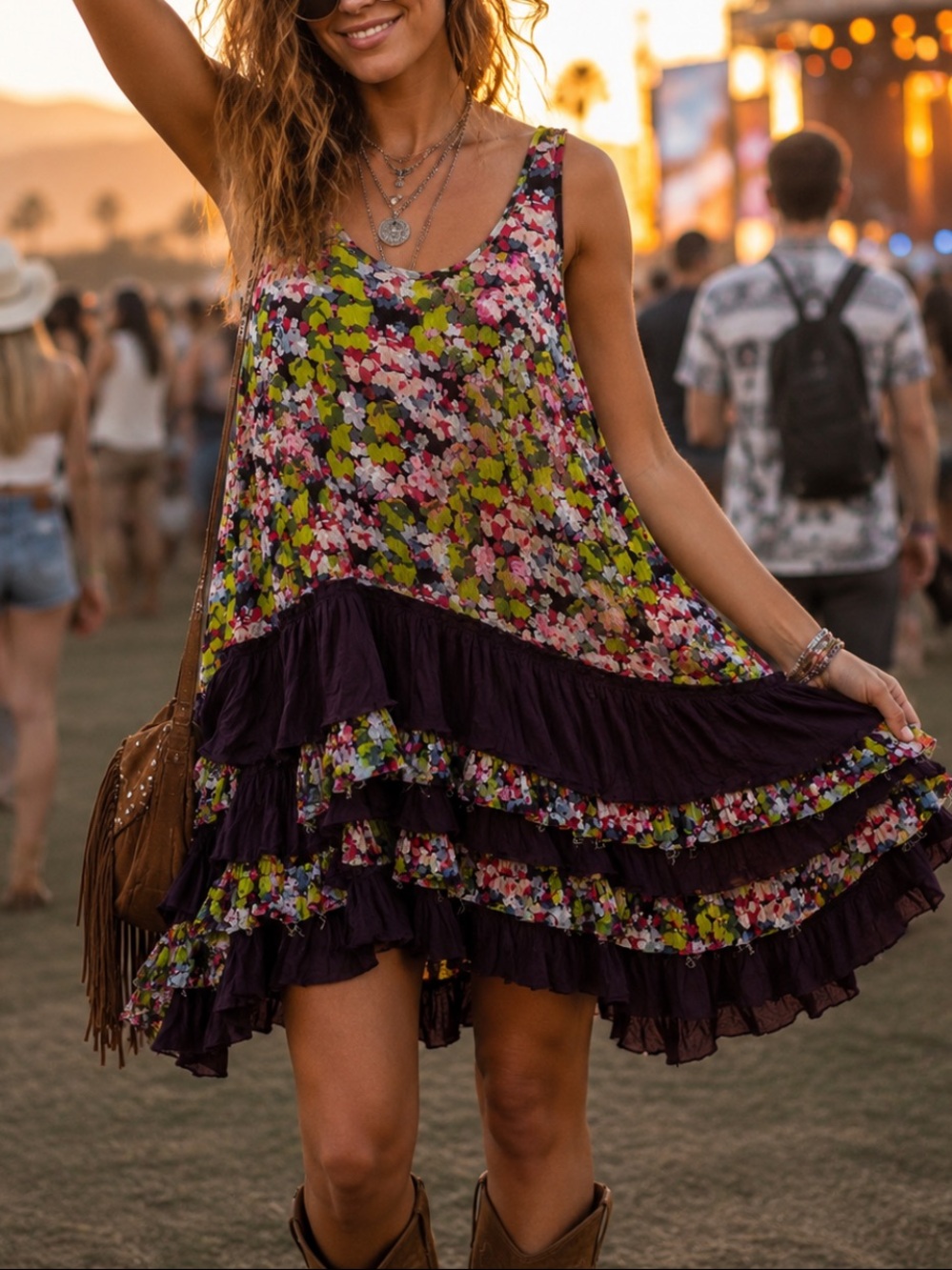 Free People Floral Ruffle Tiered Mini Dress in Purple and Green Multi